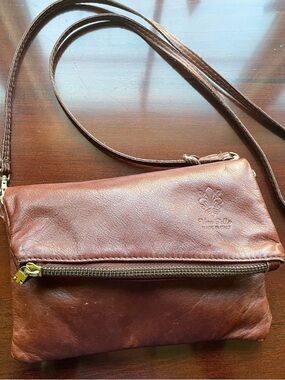 Vera Pelle Made in Italy Brown Leather Foldover Crossbody Clutch Bag